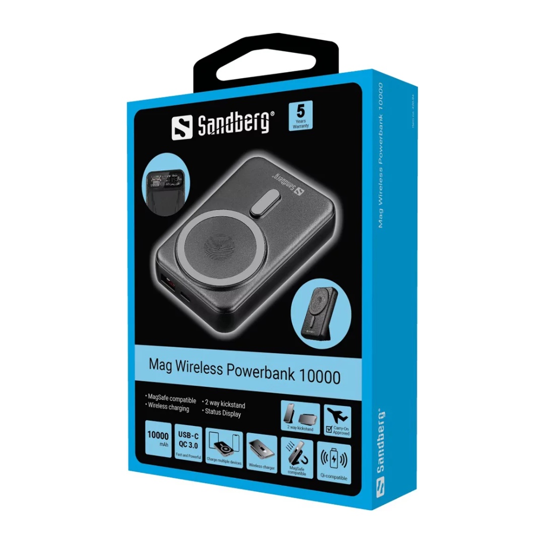 Sandberg Mag bezdrôtová powerbanka 10000mAh (37 Wh), čierna 
