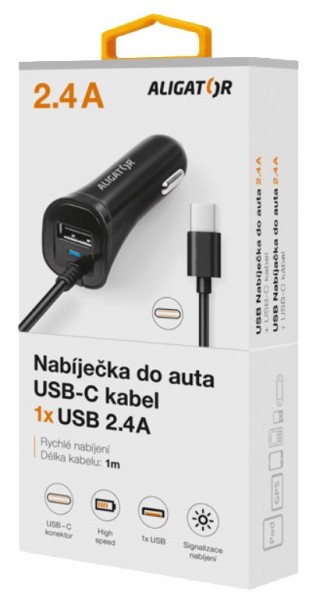 Aligátor nab. do auta USB-C s USB 2, 4A čierna 