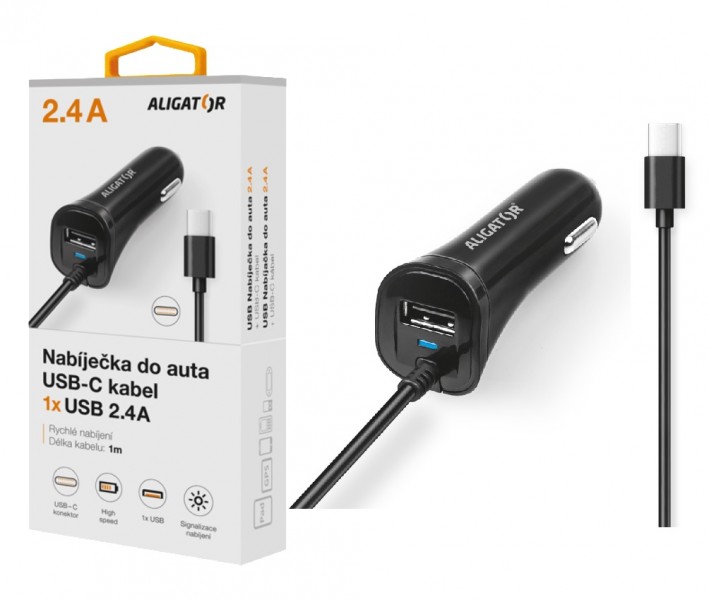 Aligátor nab. do auta USB-C s USB 2, 4A čierna 