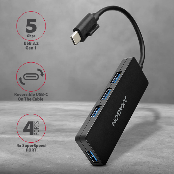 AXAGON HUE-G1C, 4x USB 3.2 Gen 1 SLIM hub, kábel Type-C 14cm napevno 