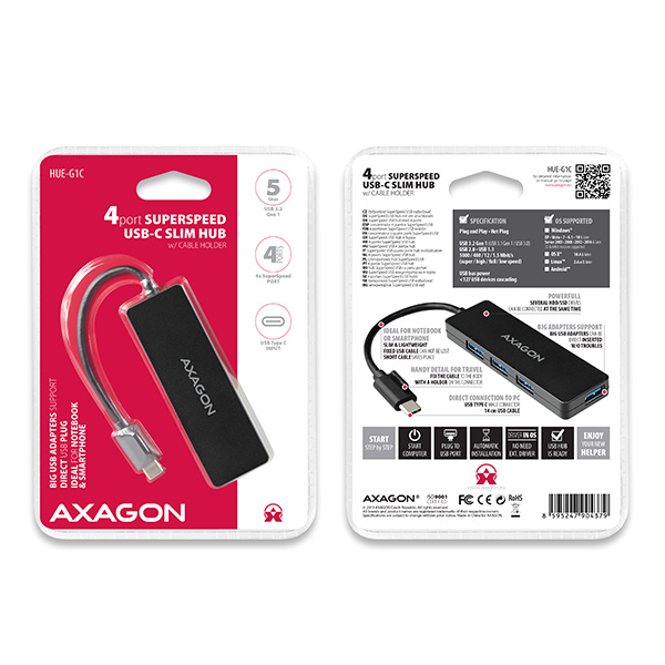 AXAGON HUE-G1C, 4x USB 3.2 Gen 1 SLIM hub, kábel Type-C 14cm napevno 