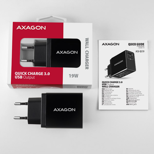 AXAGON ACU-QC19, QC nabíječka do sítě 19W, 1x USB-A port, QC3.0/ AFC/ FCP/ SMART, černá 