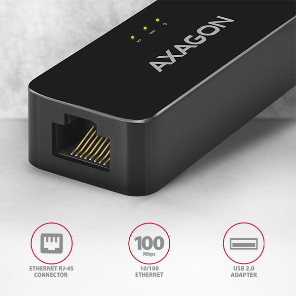 AXAGON ADE-XR, USB 2.0 - Fast Ethernet sieťová karta, auto inštal, čierna 