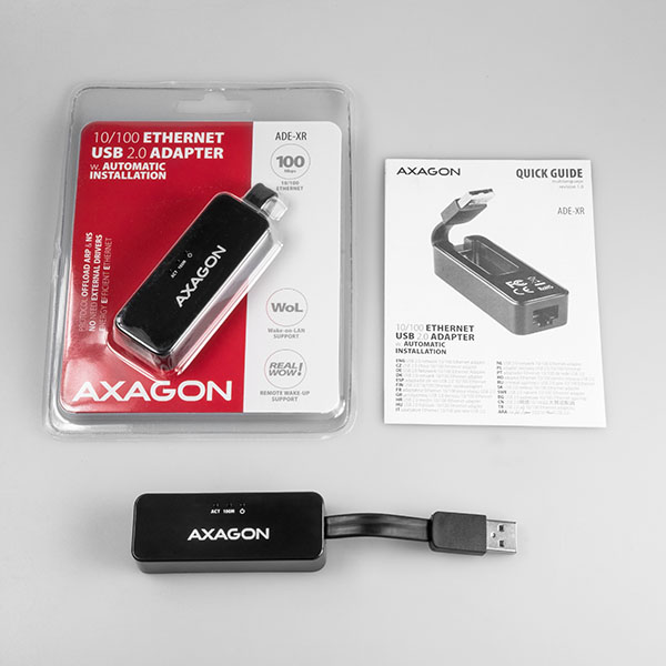 AXAGON ADE-XR, USB 2.0 - Fast Ethernet sieťová karta, auto inštal, čierna 