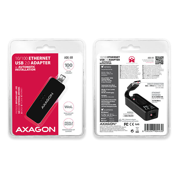 AXAGON ADE-XR, USB 2.0 - Fast Ethernet sieťová karta, auto inštal, čierna 