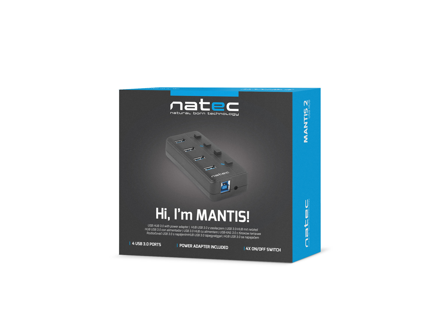 Natec Mantis 2 aktívny rozbočovač s funkciou nabíjania 4x USB 3.0 HUB, vypínač, napájací adaptér 