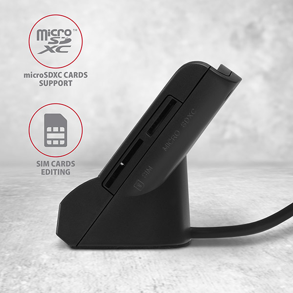 AXAGON CRE-SM2, USB-A StandReader 4-slot čítačka Smart card (eObčanka) + SD/ microSD/ SIM, kábel 1.3 m 