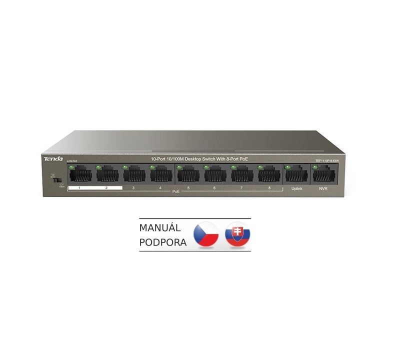 Tenda TEF1110P-8-63W PoE AT switch - 8x PoE 100 Mb/ s + 2x Uplink 100 Mb/ s, PoE max 63W, fanless, PoE+