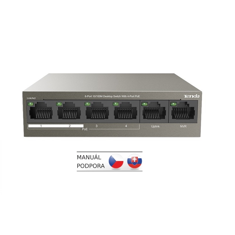 Tenda TEF1106P-4-63W PoE AT switch 4x PoE 802.3af/ at, 6x 100Mb/ s, PoE celkom 63W, fanless, PoE+