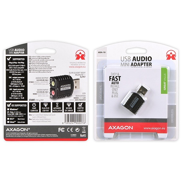 AXAGON ADA-10, USB 2.0 - externá zvuková karta MINI, 48kHz/ 16-bit stereo, vstup USB-A 