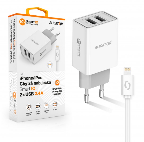 ALIGATOR Chytrá sieťová nabíjačka 2, 4A, 2xUSB, smart IC, biela, USB kábel pre iPhone / iPad