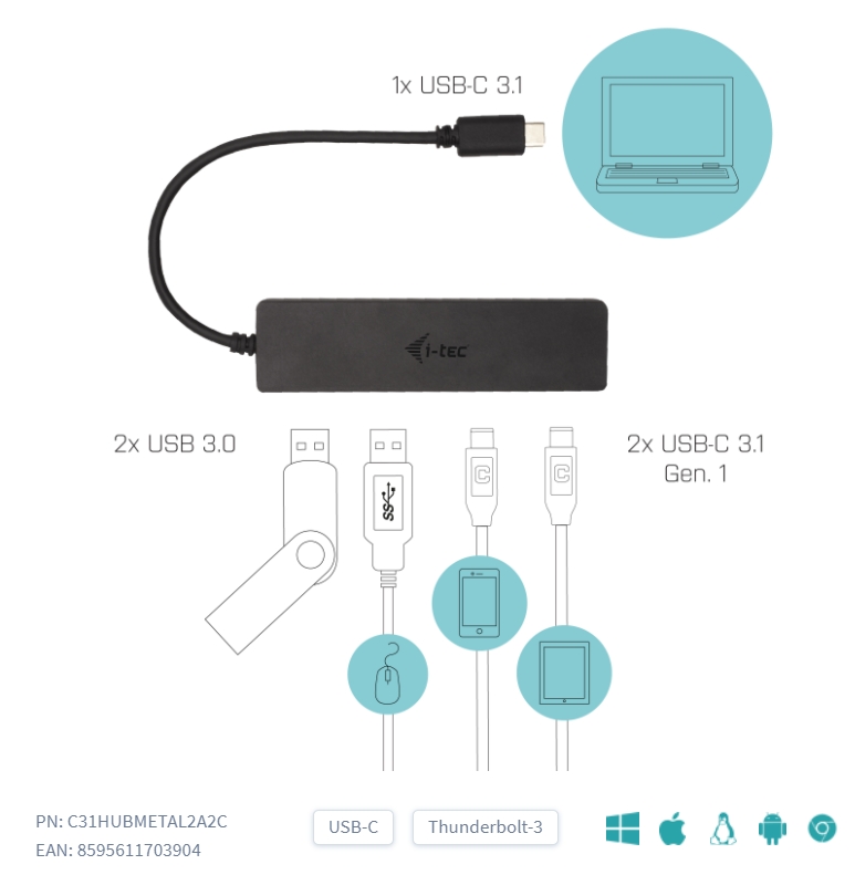 i-tec USB-C Metal HUB 2x USB 3.0 + 2x USB-C 