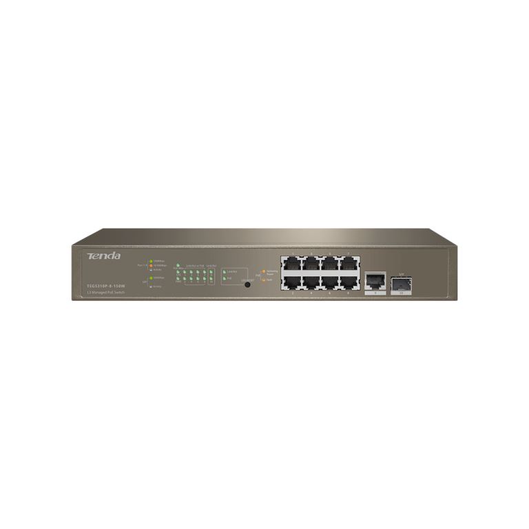 Tenda TEG5310P-8-150W Gigabit L3 PoE+ Switch 130W, 8x 1Gb/ s PoE+, 2x RJ45/ SFP, STP, IGMP, VLAN, Rack 