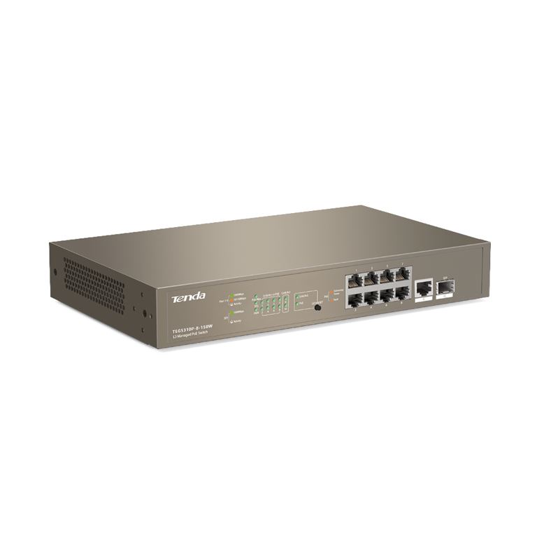 Tenda TEG5310P-8-150W Gigabit L3 PoE+ Switch 130W, 8x 1Gb/ s PoE+, 2x RJ45/ SFP, STP, IGMP, VLAN, Rack 