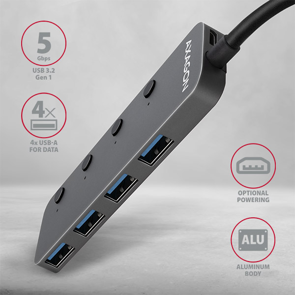 AXAGON HUE-MSA, 4x USB 3.2 Gen 1 SWITCH húb, kovový, micro USB napr. konektor, kábel USB-A 20cm 