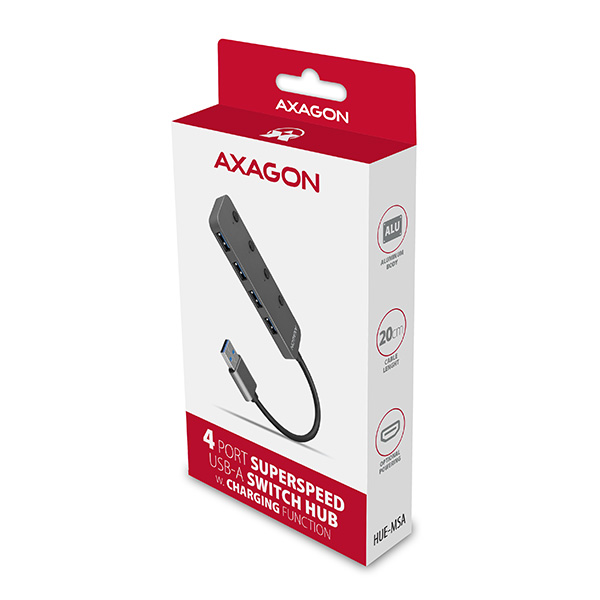 AXAGON HUE-MSA, 4x USB 3.2 Gen 1 SWITCH húb, kovový, micro USB napr. konektor, kábel USB-A 20cm 