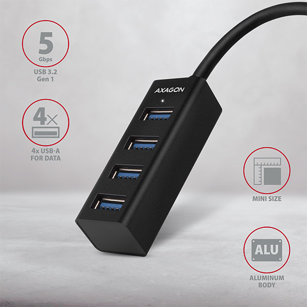 AXAGON HUE-M1A, 4x USB 3.2 Gen 1 MINI hub, kovový, kábel USB-A 20cm 
