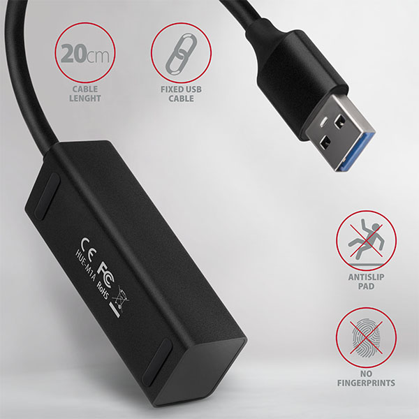 AXAGON HUE-M1A, 4x USB 3.2 Gen 1 MINI hub, kovový, kábel USB-A 20cm 
