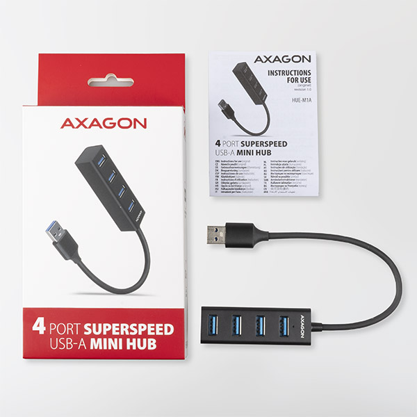 AXAGON HUE-M1A, 4x USB 3.2 Gen 1 MINI hub, kovový, kábel USB-A 20cm 