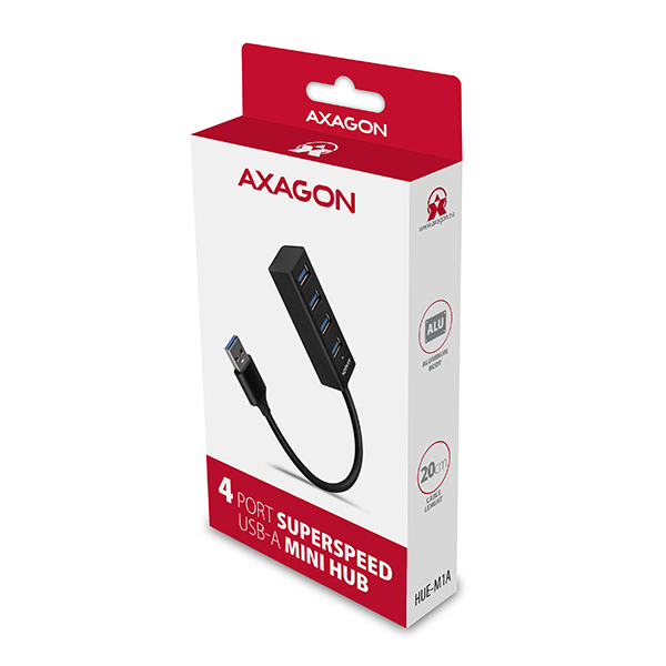 AXAGON HUE-M1A, 4x USB 3.2 Gen 1 MINI hub, kovový, kábel USB-A 20cm 