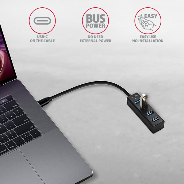 AXAGON HUE-M1C, 4x USB 3.2 Gen 1 MINI húb, kovový, kábel USB-C 20cm 