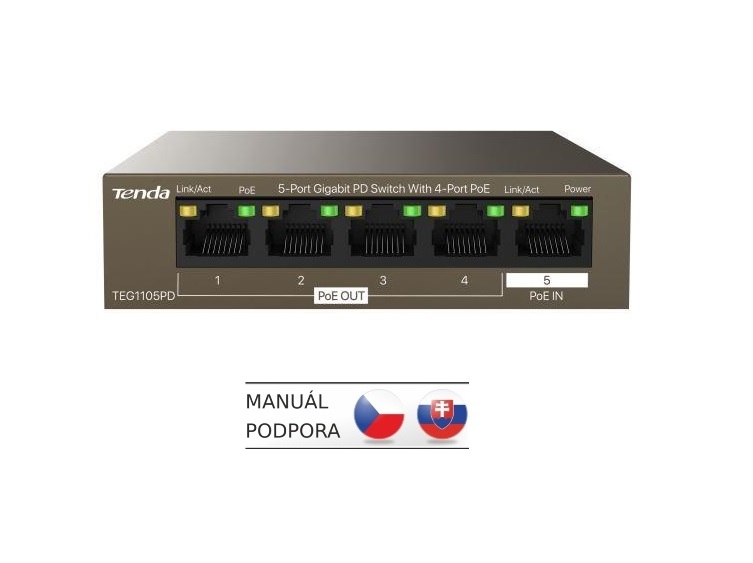 Tenda TEG1105PD PoE PD Gigabit switch, 1x PoE IN, 4x PoE OUT 802.3af, 5x 1 Gb/ s, max. 30W, fanless 