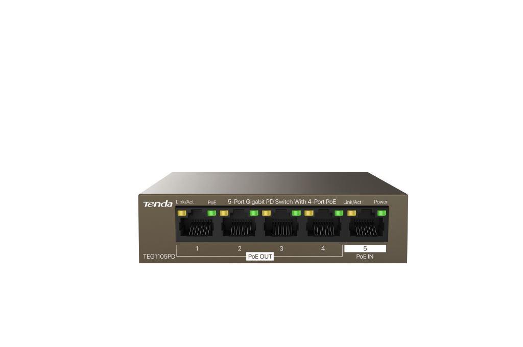 Tenda TEG1105PD PoE PD Gigabit switch, 1x PoE IN, 4x PoE OUT 802.3af, 5x 1 Gb/ s, max. 30W, fanless 