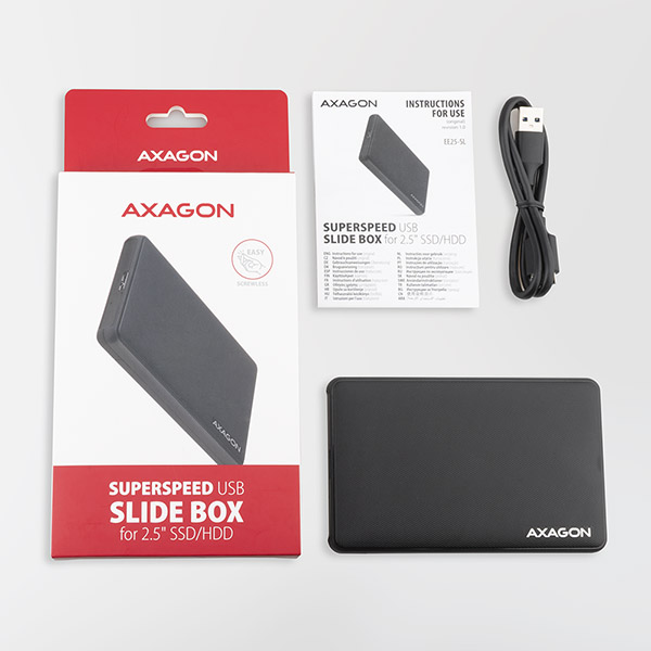 AXAGON EE25-SL, USB 3.2 Gen 1 - SATA 6G, 2.5" SLIDE box, bezskrutkový, čierny 