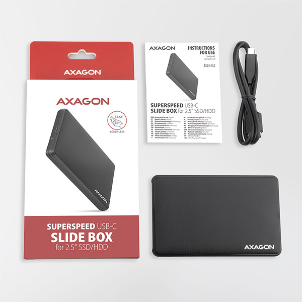 AXAGON EE25-SLC, USB-C 3.2 Gen 1 - SATA 6G 2.5" SLIDE box, bezskrutkový, čierny 