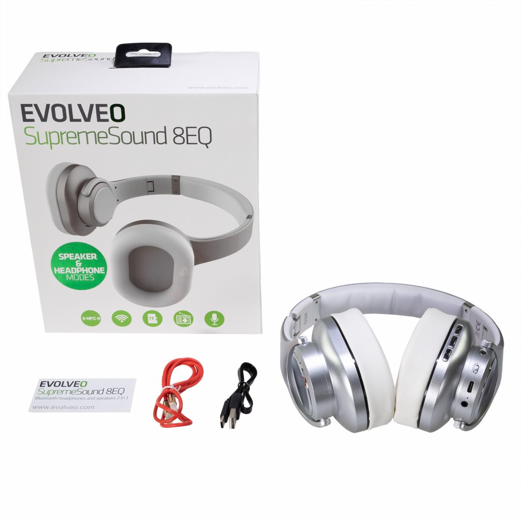 EVOLVEO SupremeSound 8EQ, Bluetooth slúchadlá s reproduktorom a ekvalizérom 2v1, strieborné 