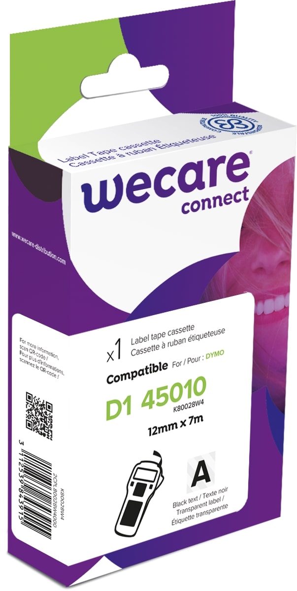 WECARE ARMOR páska kompatibilná s DYMO S0720500, Black/ Transparent, 12MM*7M