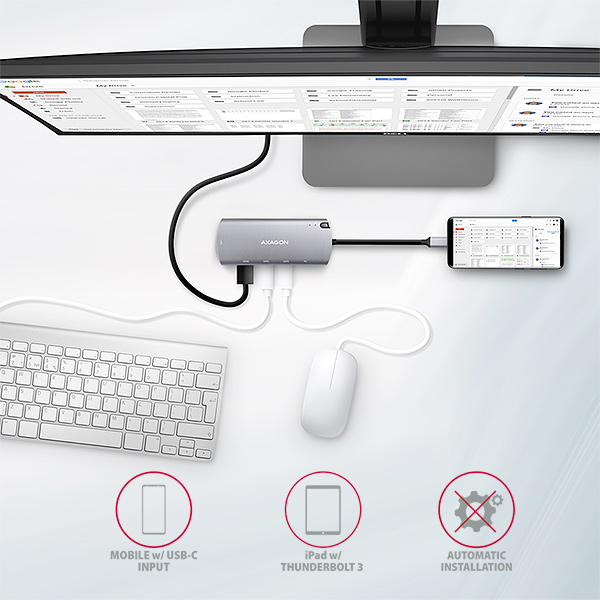 AXAGON HMC-6M2, USB 3.2 Gen 1 hub, 2x USB-A, HDMI, RJ-45 GLAN, SATA M.2, PD 100W, kábel USB-C 18cm 