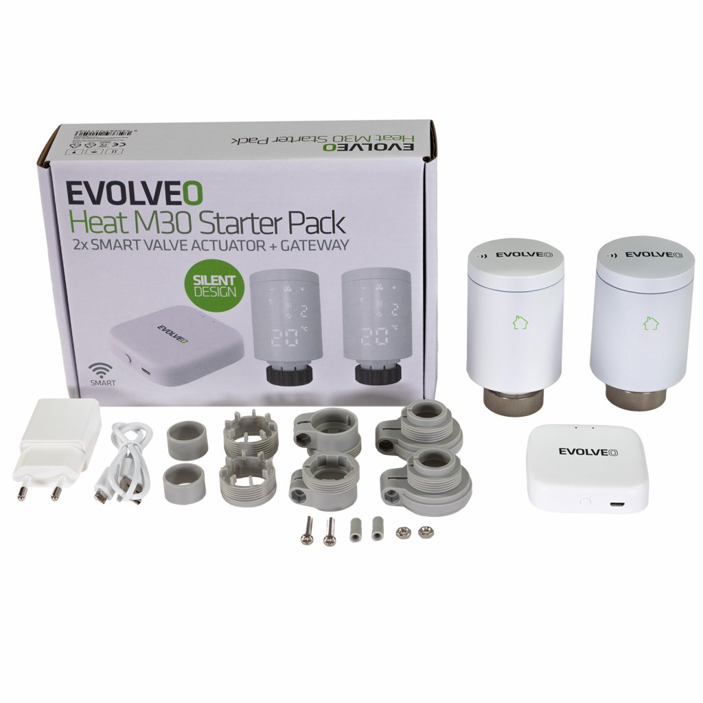 EVOLVEO Heat M30 Starter Pack, 2× múdra termostatická hlavica na radiátor & centrálna jednotka 