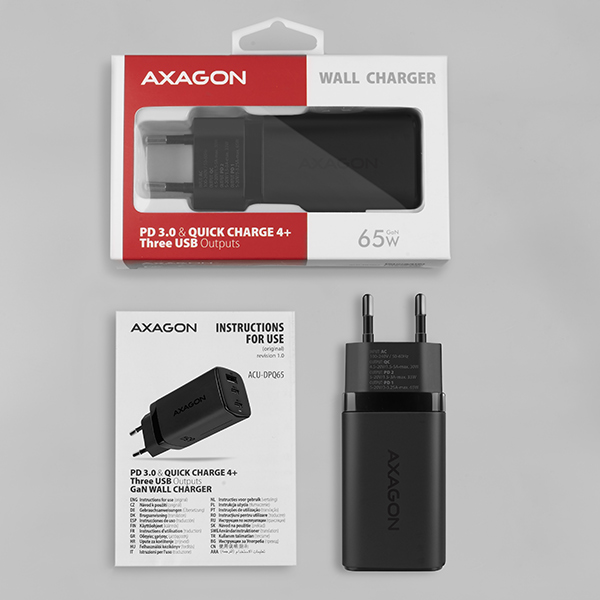 AXAGON ACU-DPQ65, GaN nabíjačka do siete 65W, 3x port (USB-A + dual USB-C), PD3.0/ QC4+/ PPS/ Apple 