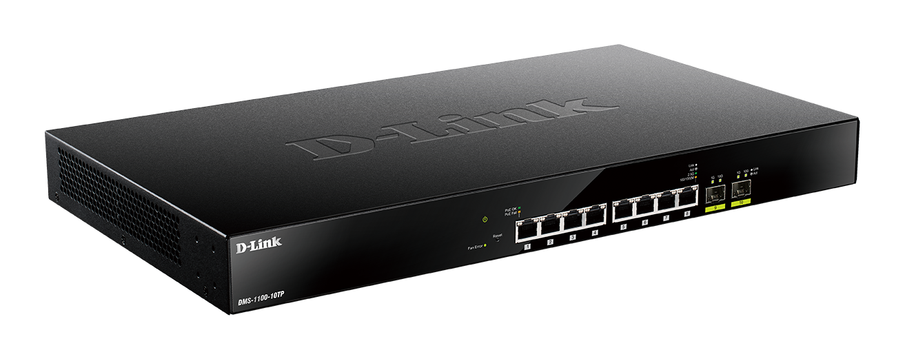 D-Link DMS-1100-10TP 10portový multi-gigabitový PoE inteligentný riadený prepínač,  8x 2, 5G PoE,  2x SFP+ 