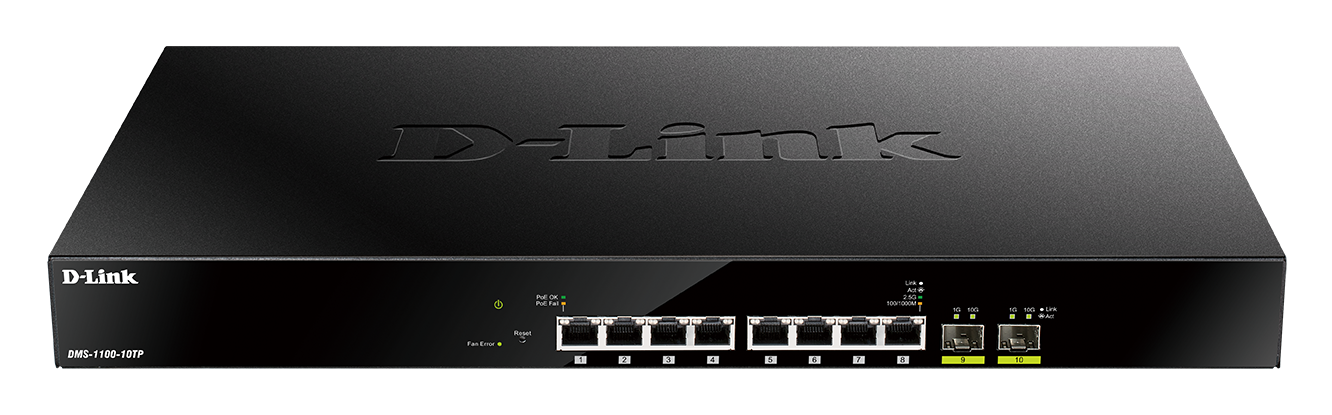 D-Link DMS-1100-10TP 10portový multi-gigabitový PoE inteligentný riadený prepínač,  8x 2, 5G PoE,  2x SFP+