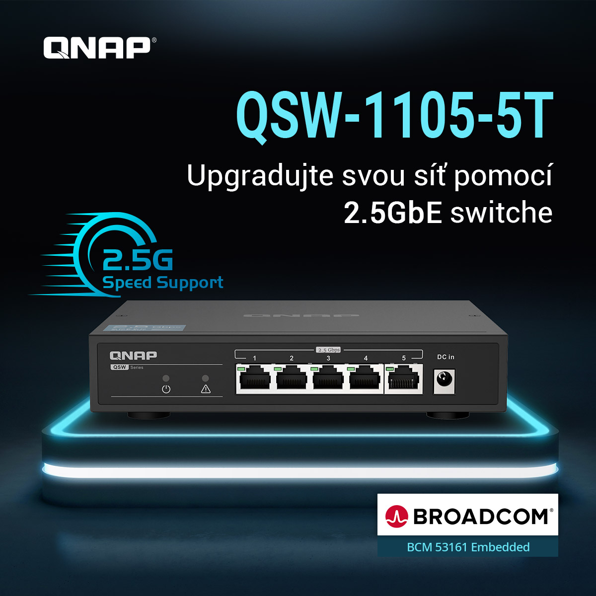 QNAP switch QSW-1105-5T (5x 2, 5GbE port, pasiv. chladenie, 100M/ 1G/ 2, 5G, Broadcom Chipset)