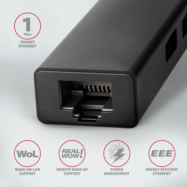 AXAGON HMC-GL3A, USB 3.2 Gen 1 hub, porty 3x USB-A + Gigabit Ethernet, kovový, kábel USB-C 20cm 