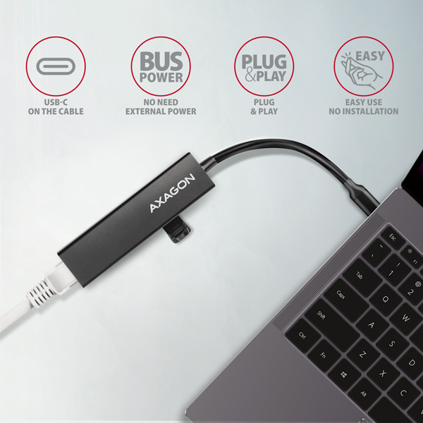 AXAGON HMC-GL3A, USB 3.2 Gen 1 hub, porty 3x USB-A + Gigabit Ethernet, kovový, kábel USB-C 20cm 
