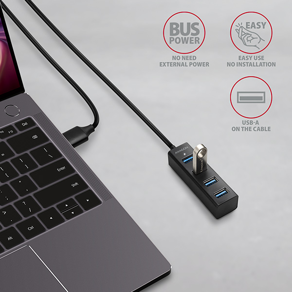 AXAGON HUE-M1AL,  4x USB 3.rozbočovač 2 Gen 1 MINI,  kovový,  kábel USB-A 1.2m 