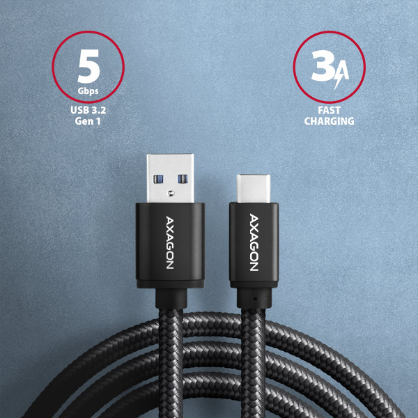 AXAGON BUCM3-AM15AB, SPEED kábel USB-C <-> USB-A, 1.5m, USB 3.2 Gen 1, 3A, ALU, oplet, čierny 