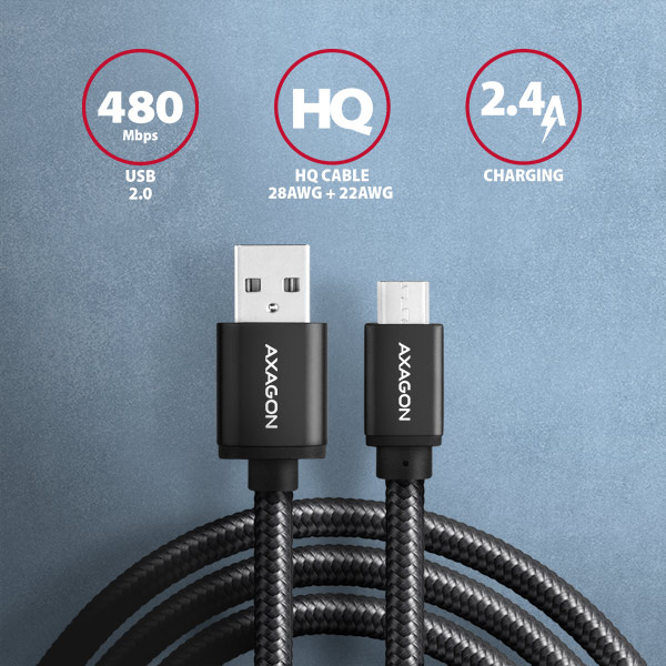 AXAGON BUMM-AM20AB, HQ kábel Micro USB <-> USB-A, 2m, USB 2.0, 2.4A, ALU, oplet, čierny 