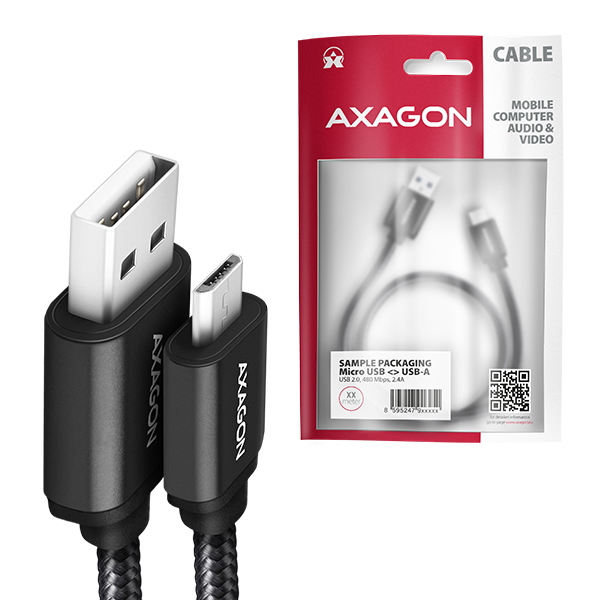 AXAGON BUMM-AM20AB, HQ kábel Micro USB <-> USB-A, 2m, USB 2.0, 2.4A, ALU, oplet, čierny 