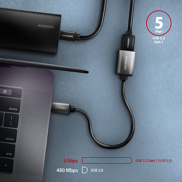 AXAGON RUCM-AFAC, káblová redukcia USB-C (M) <-> USB-A (F), 20cm, USB 3.2 Gen 1, 3A, ALU 