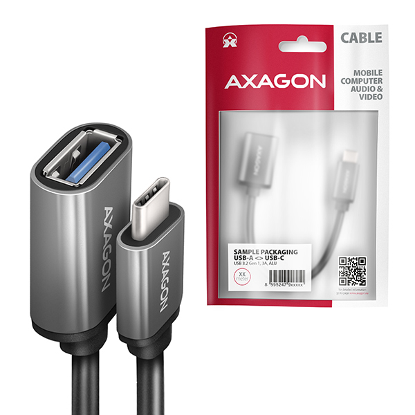 AXAGON RUCM-AFAC, káblová redukcia USB-C (M) <-> USB-A (F), 20cm, USB 3.2 Gen 1, 3A, ALU 