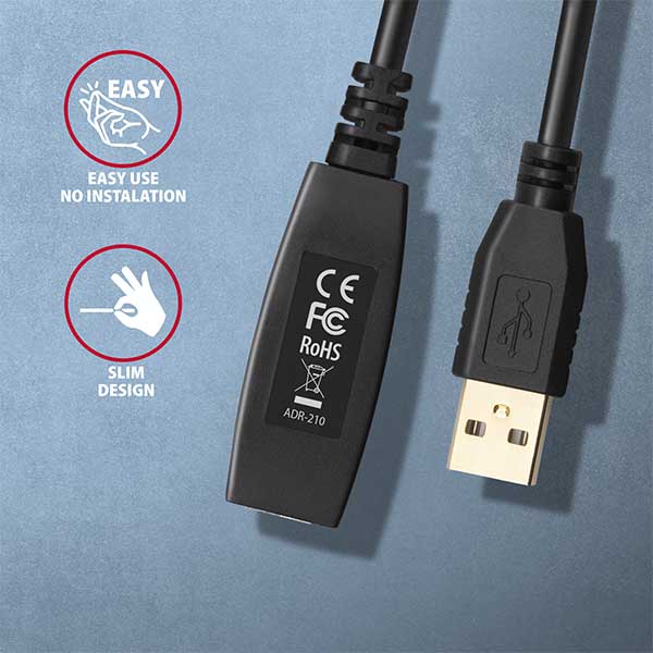 AXAGON ADR-210, USB 2.0 A-M -> A-F aktívny predlžovací / repeater kábel, 10m 