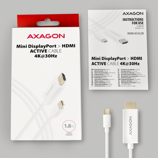 AXAGON RVDM-HI14C2W, Mini DisplayPort > HDMI 1.4 redukcia / kábel 1.8 m, 4K/ 30Hz, biely 