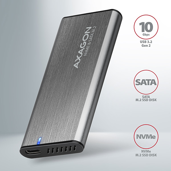 AXAGON EEM2-SG2, USB-C 3.2 Gen 2 - M.2 NVMe & SATA SSD kovový RAW box, bezskrutkový, strieborný 