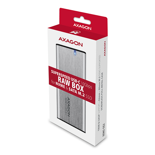 AXAGON EEM2-SG2, USB-C 3.2 Gen 2 - M.2 NVMe & SATA SSD kovový RAW box, bezskrutkový, strieborný 