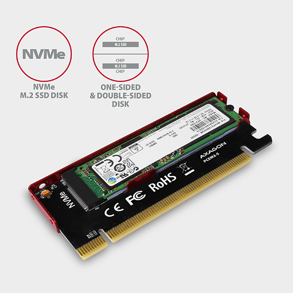 AXAGON PCEM2-S, PCIe x16 - M.2 NVMe M-key slot adaptér, kovový kryt pre pasívne chladenie 